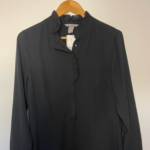 43-NWT H & M Black Long Sleeve Dress Button Up with Frills Size Medium - Picture 5 of 12